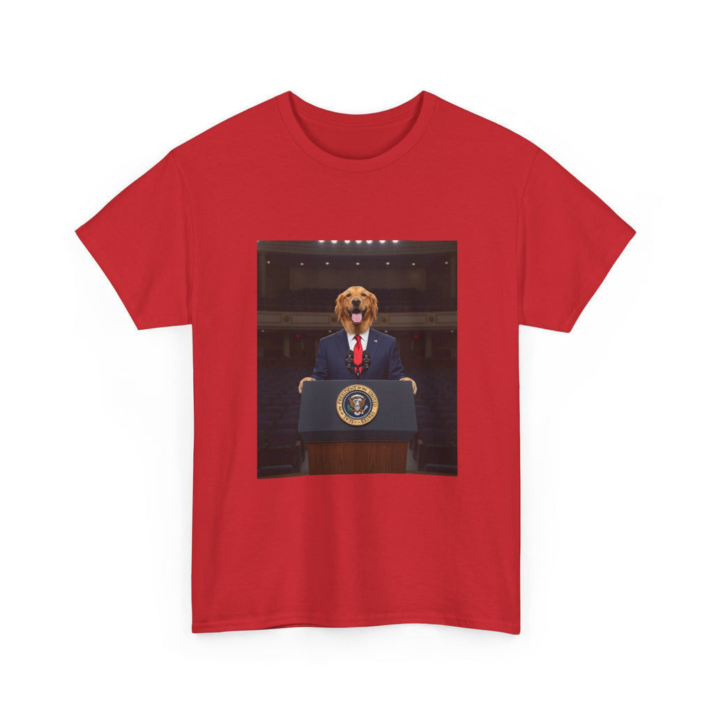 President Dog T-Shirt — Funny Golden Retriever at Podium Political Humor Tee