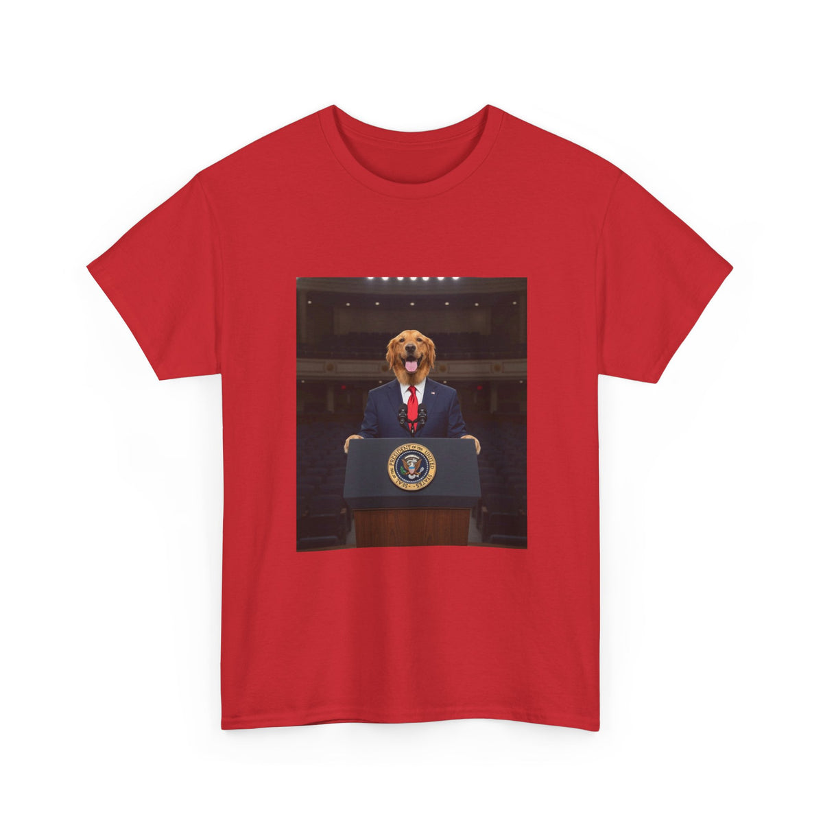 President Dog T-Shirt — Funny Golden Retriever at Podium Political Humor Tee