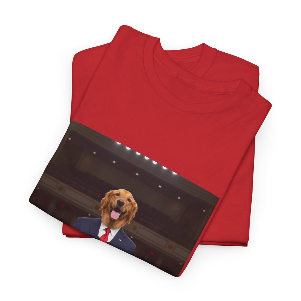 President Dog T-Shirt — Funny Golden Retriever at Podium Political Humor Tee