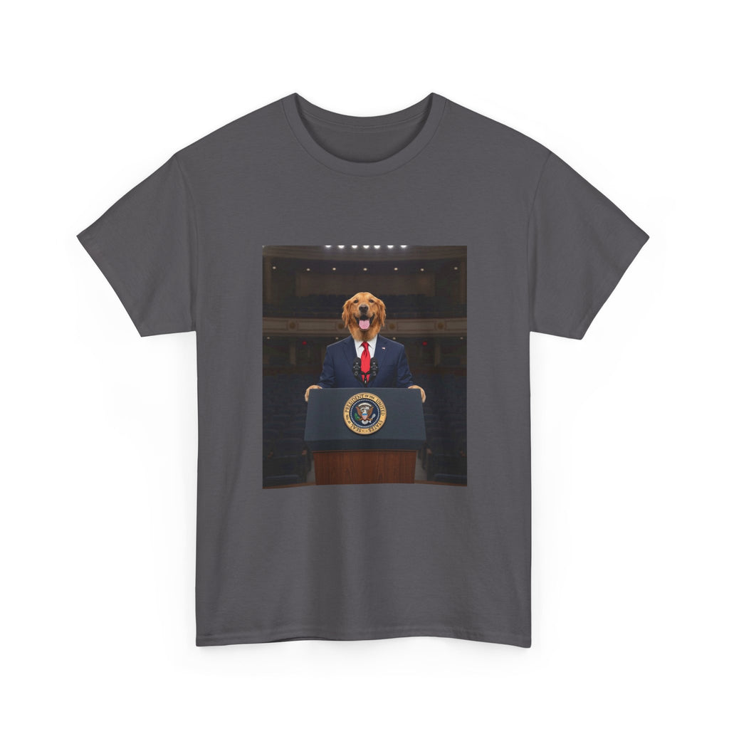 President Dog T-Shirt — Funny Golden Retriever at Podium Political Humor Tee