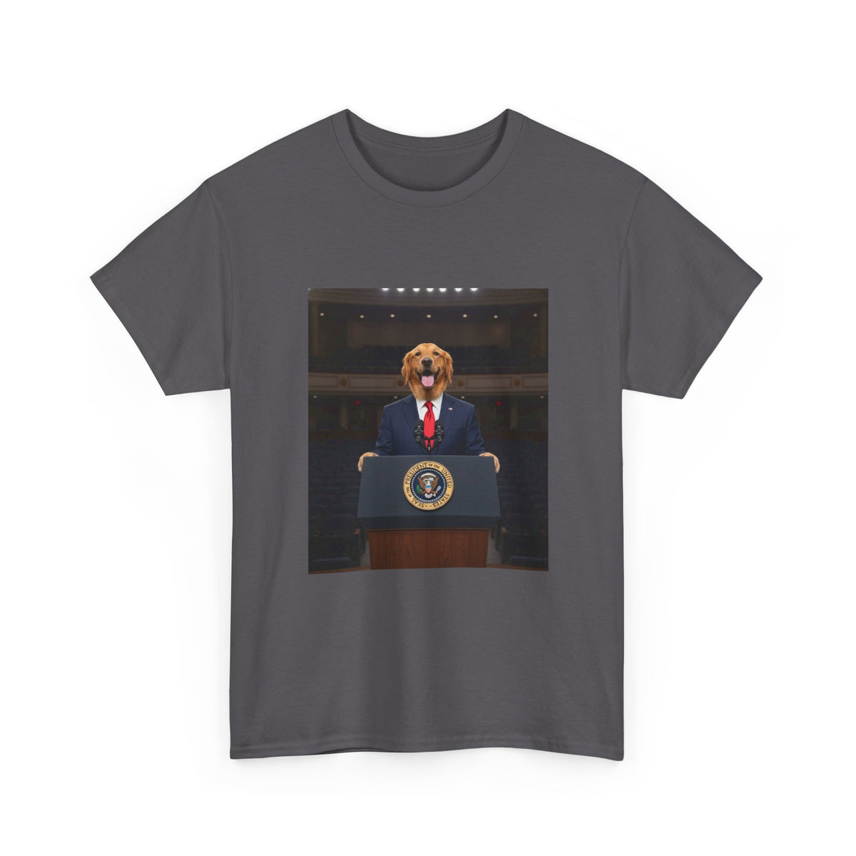 President Dog T-Shirt — Funny Golden Retriever at Podium Political Humor Tee
