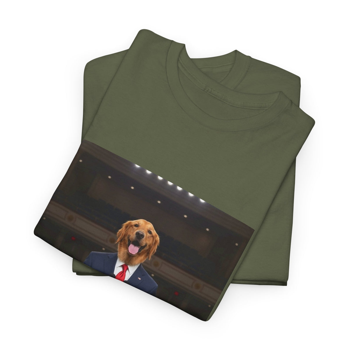 President Dog T-Shirt — Funny Golden Retriever at Podium Political Humor Tee