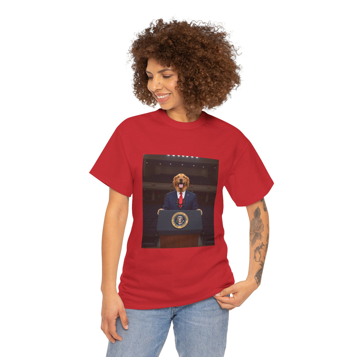 President Dog T-Shirt — Funny Golden Retriever at Podium Political Humor Tee