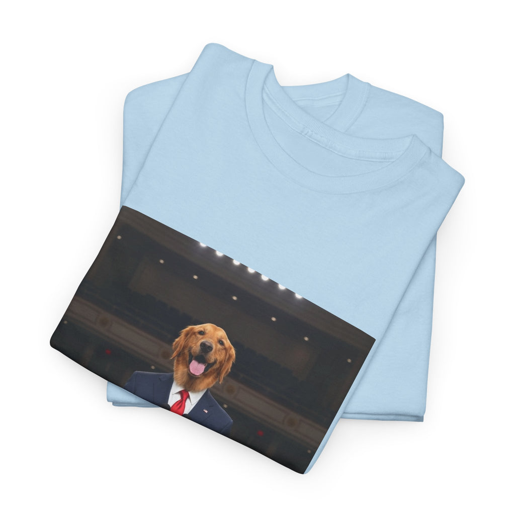 President Dog T-Shirt — Funny Golden Retriever at Podium Political Humor Tee