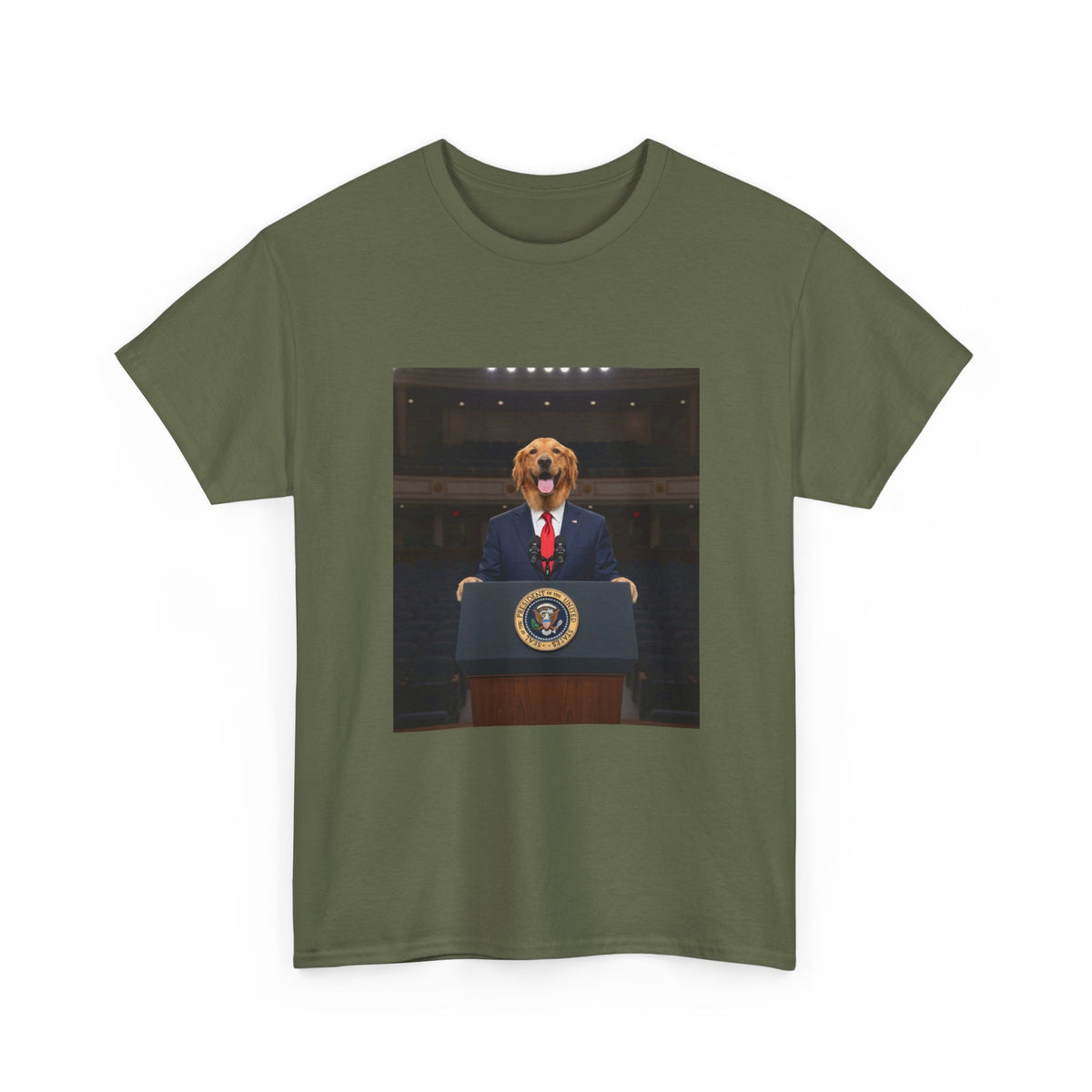 President Dog T-Shirt — Funny Golden Retriever at Podium Political Humor Tee