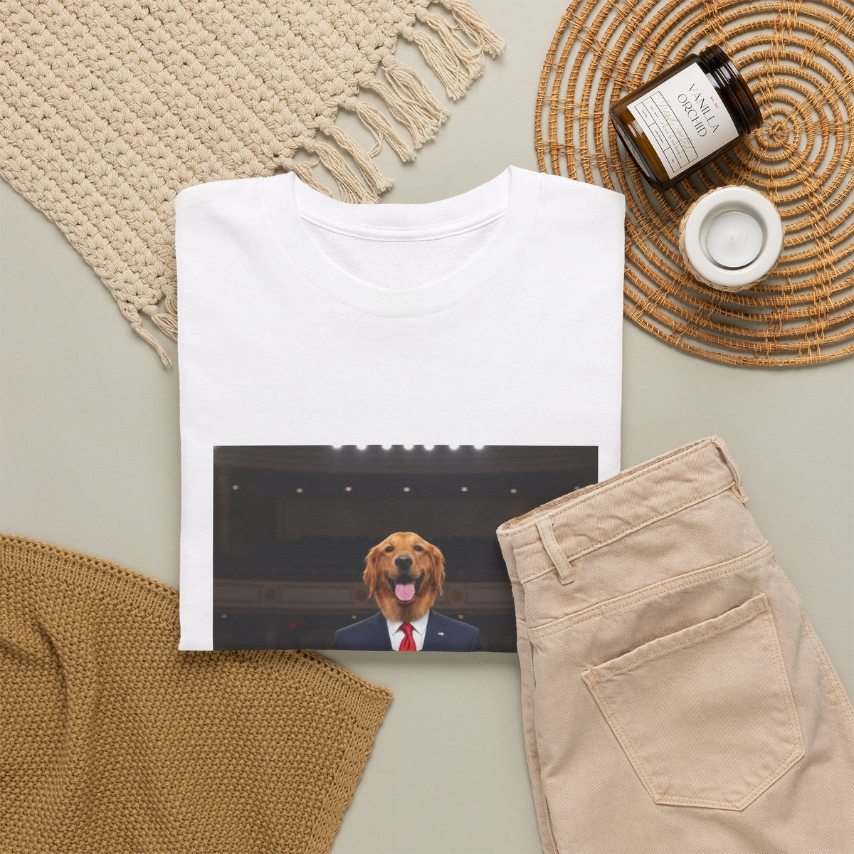 President Dog T-Shirt — Funny Golden Retriever at Podium Political Humor Tee