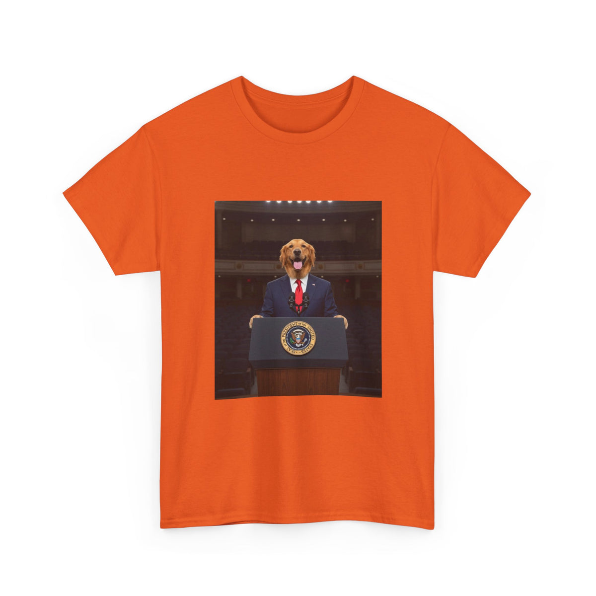 President Dog T-Shirt — Funny Golden Retriever at Podium Political Humor Tee