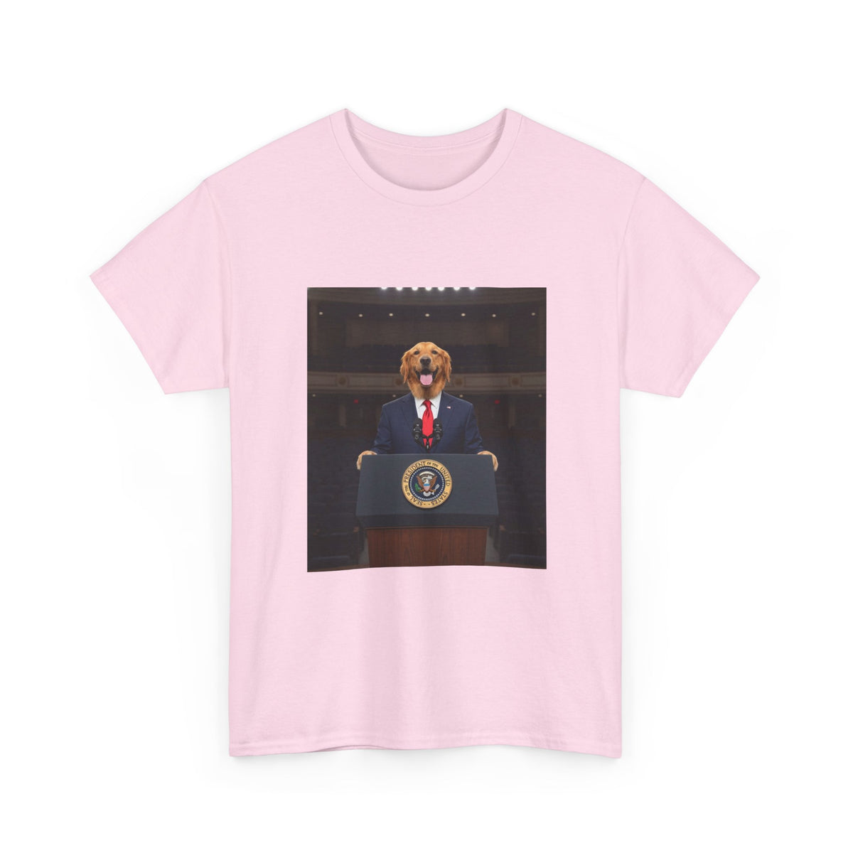 President Dog T-Shirt — Funny Golden Retriever at Podium Political Humor Tee