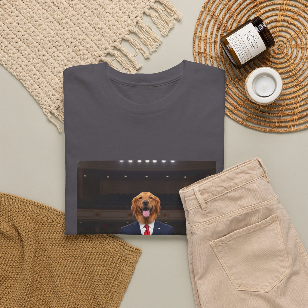 President Dog T-Shirt — Funny Golden Retriever at Podium Political Humor Tee