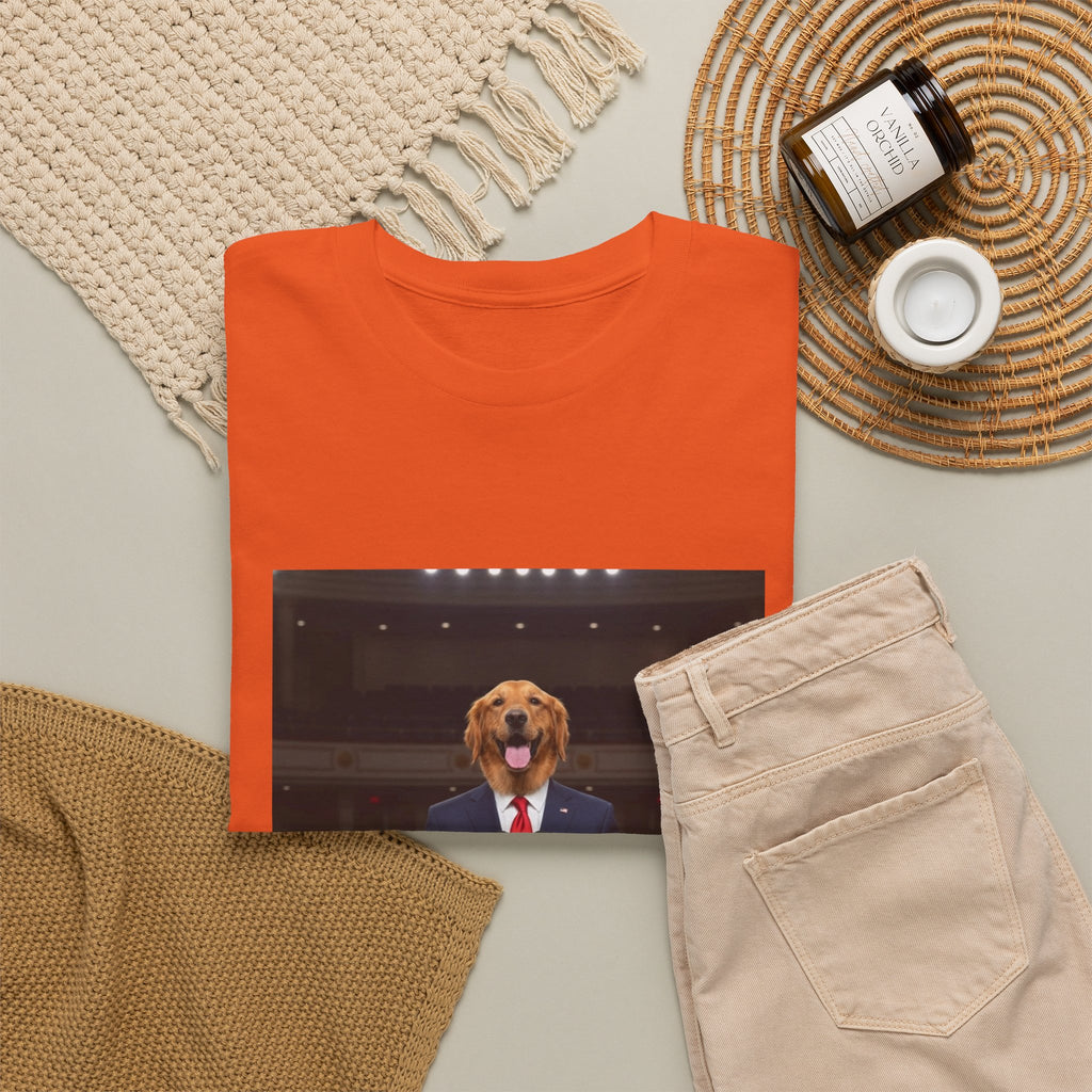 President Dog T-Shirt — Funny Golden Retriever at Podium Political Humor Tee