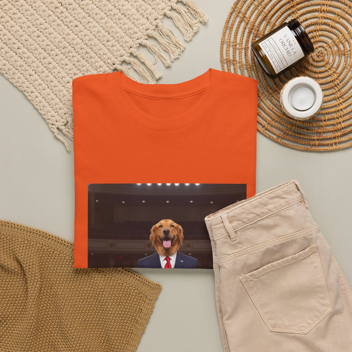 President Dog T-Shirt — Funny Golden Retriever at Podium Political Humor Tee