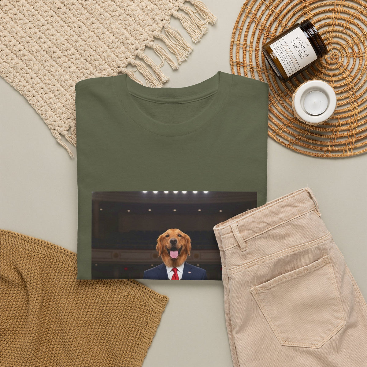President Dog T-Shirt — Funny Golden Retriever at Podium Political Humor Tee