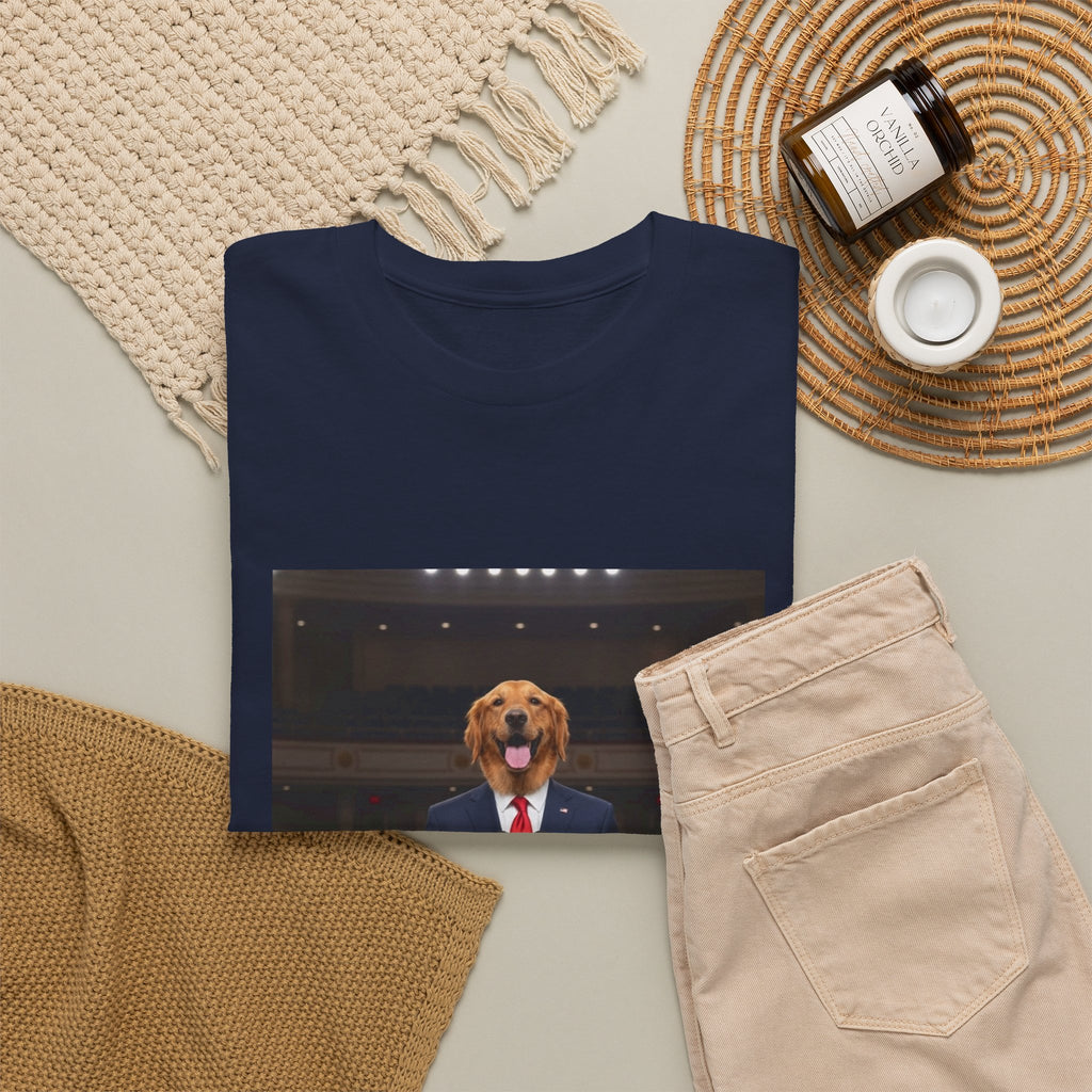 President Dog T-Shirt — Funny Golden Retriever at Podium Political Humor Tee