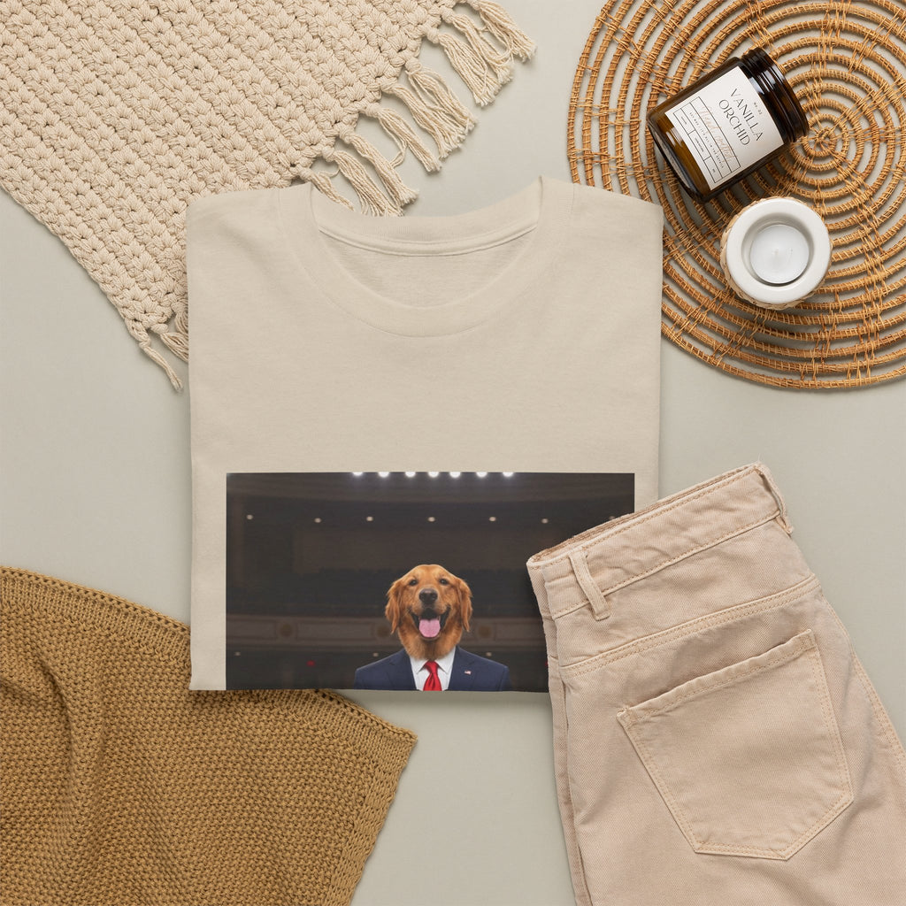 President Dog T-Shirt — Funny Golden Retriever at Podium Political Humor Tee