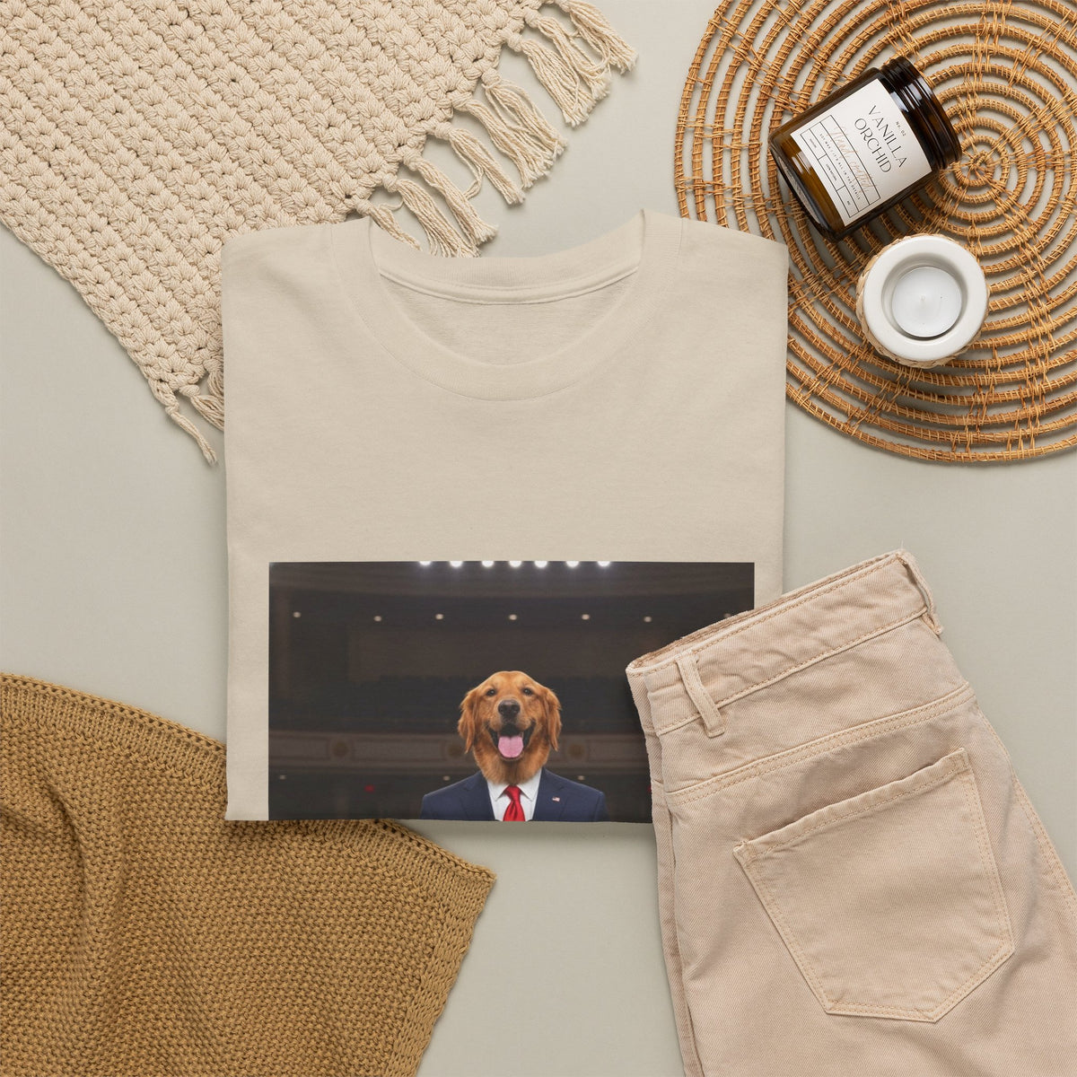 President Dog T-Shirt — Funny Golden Retriever at Podium Political Humor Tee