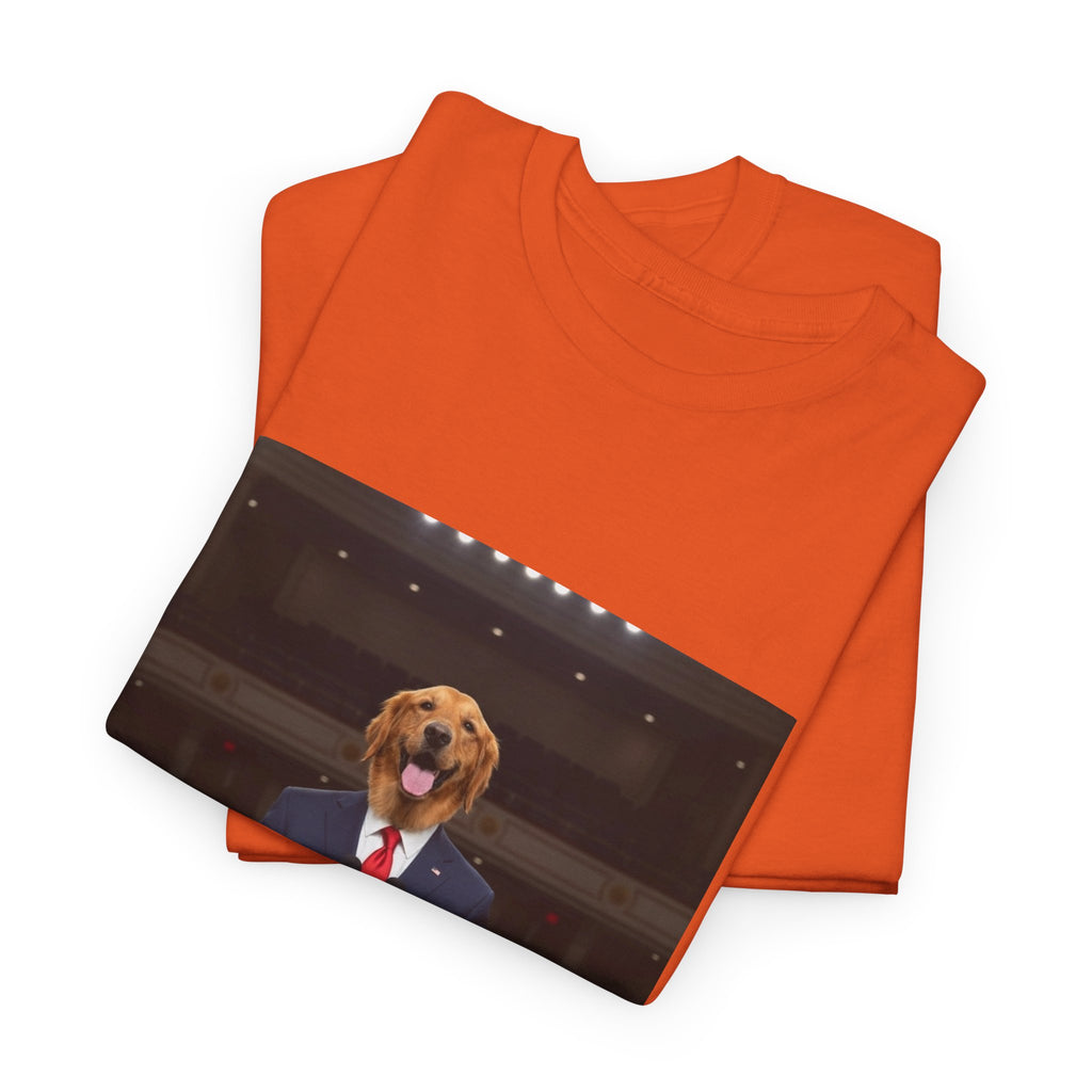 President Dog T-Shirt — Funny Golden Retriever at Podium Political Humor Tee