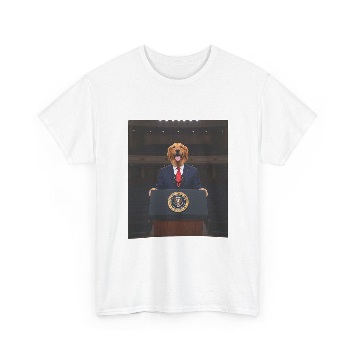 President Dog T-Shirt — Funny Golden Retriever at Podium Political Humor Tee