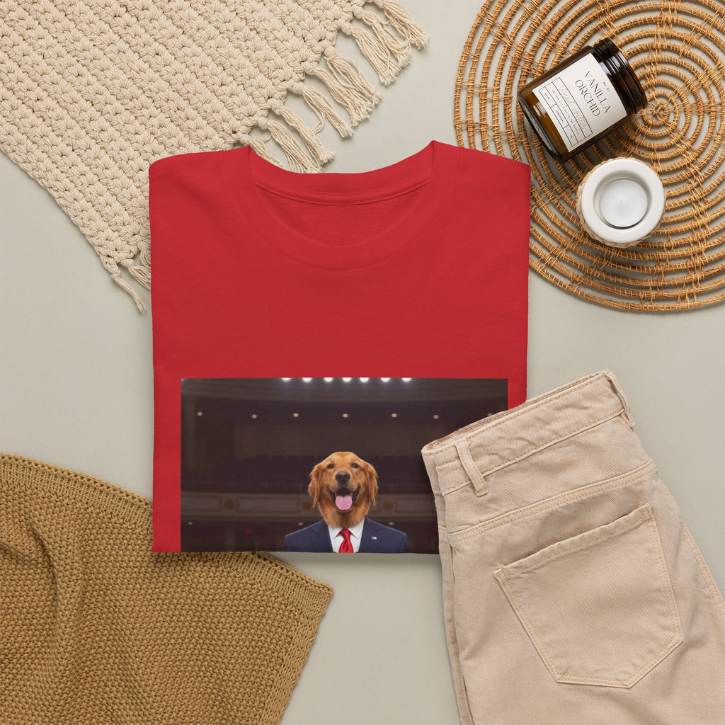 President Dog T-Shirt — Funny Golden Retriever at Podium Political Humor Tee