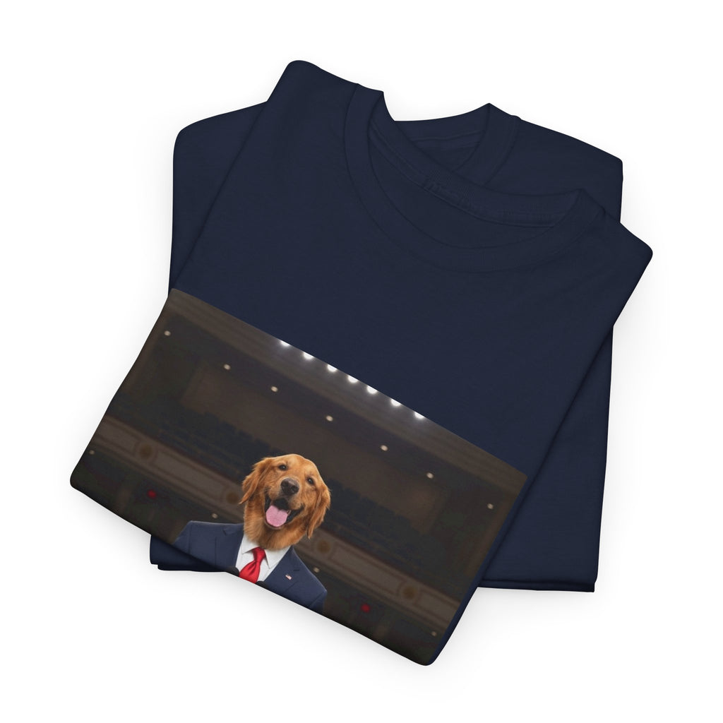 President Dog T-Shirt — Funny Golden Retriever at Podium Political Humor Tee