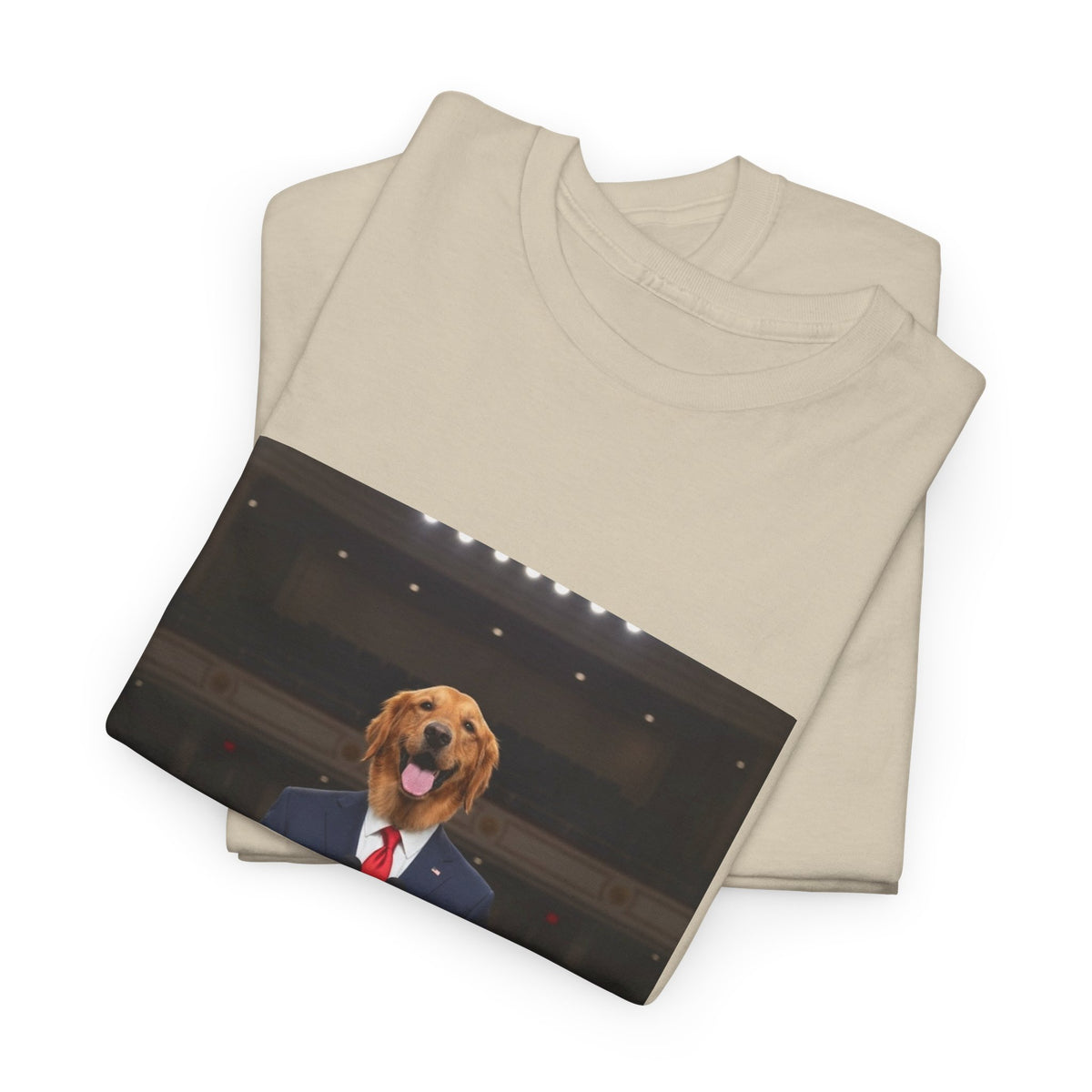 President Dog T-Shirt — Funny Golden Retriever at Podium Political Humor Tee