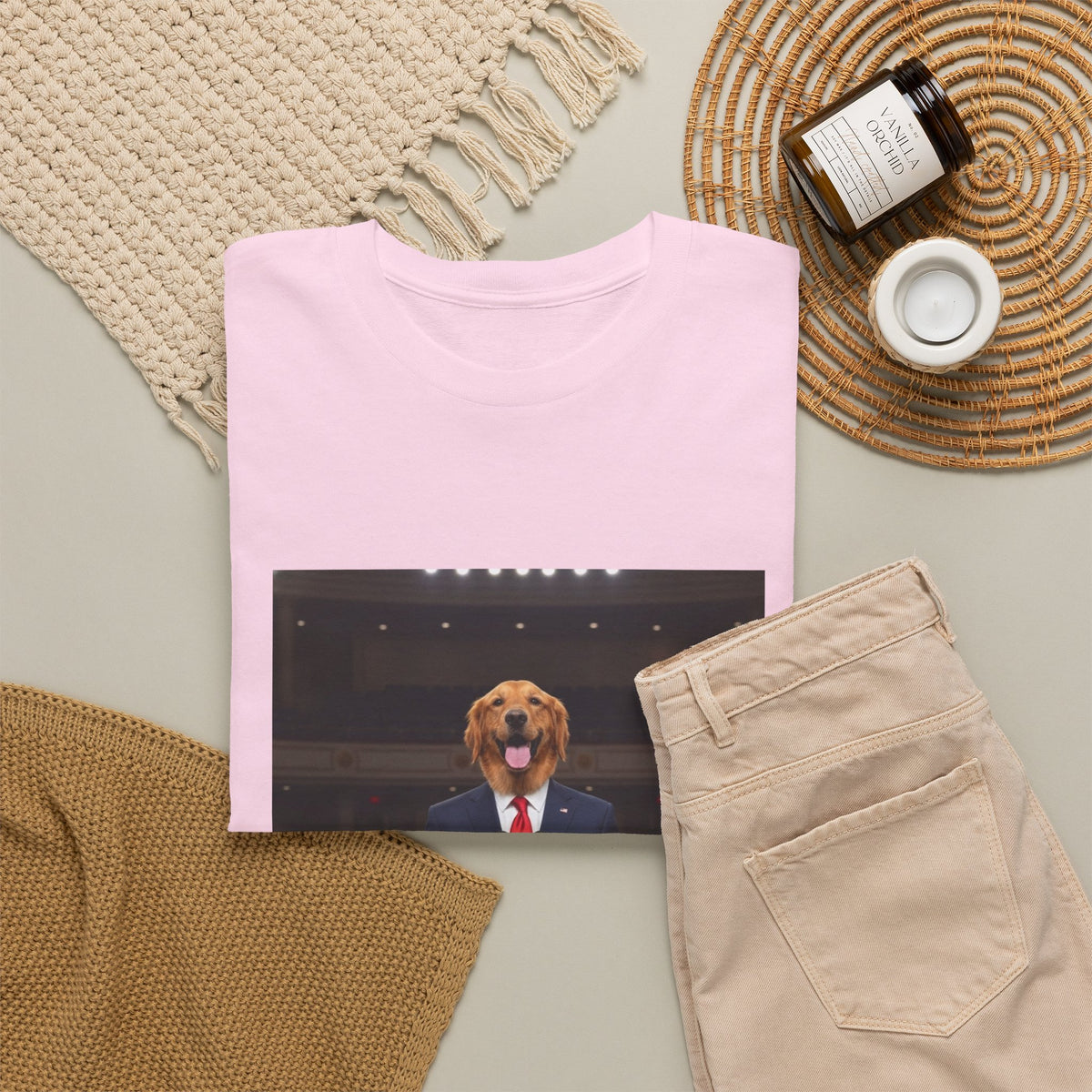 President Dog T-Shirt — Funny Golden Retriever at Podium Political Humor Tee