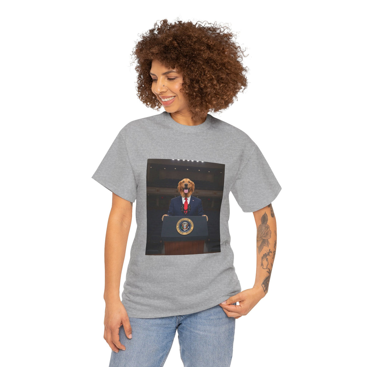 President Dog T-Shirt — Funny Golden Retriever at Podium Political Humor Tee