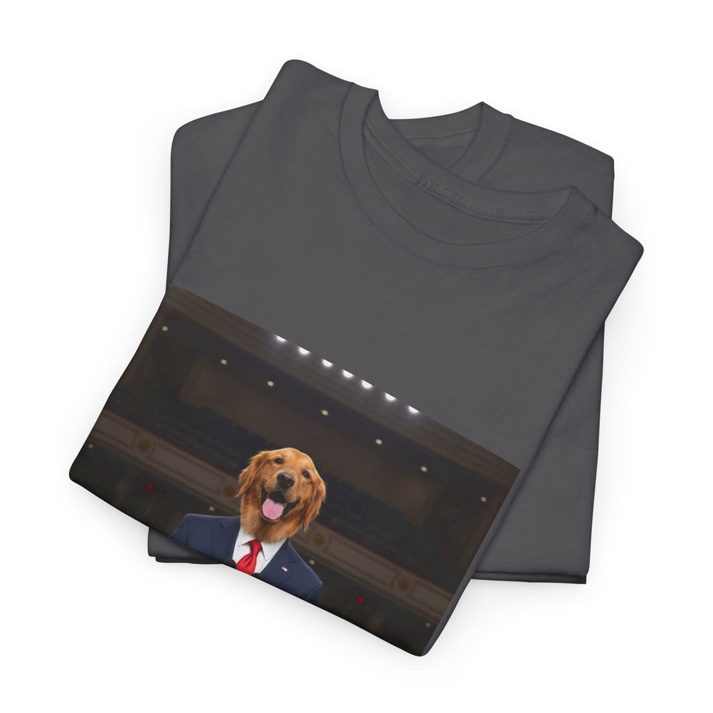 President Dog T-Shirt — Funny Golden Retriever at Podium Political Humor Tee
