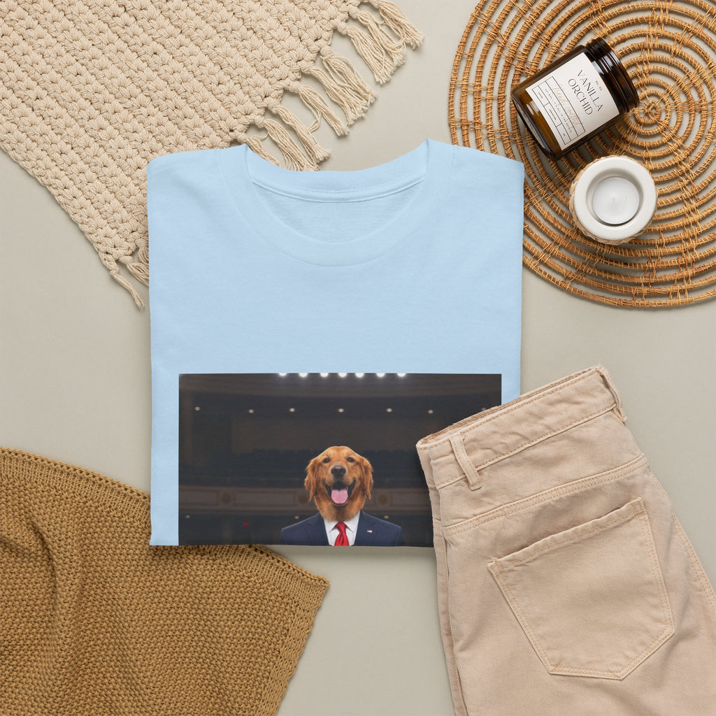 President Dog T-Shirt — Funny Golden Retriever at Podium Political Humor Tee