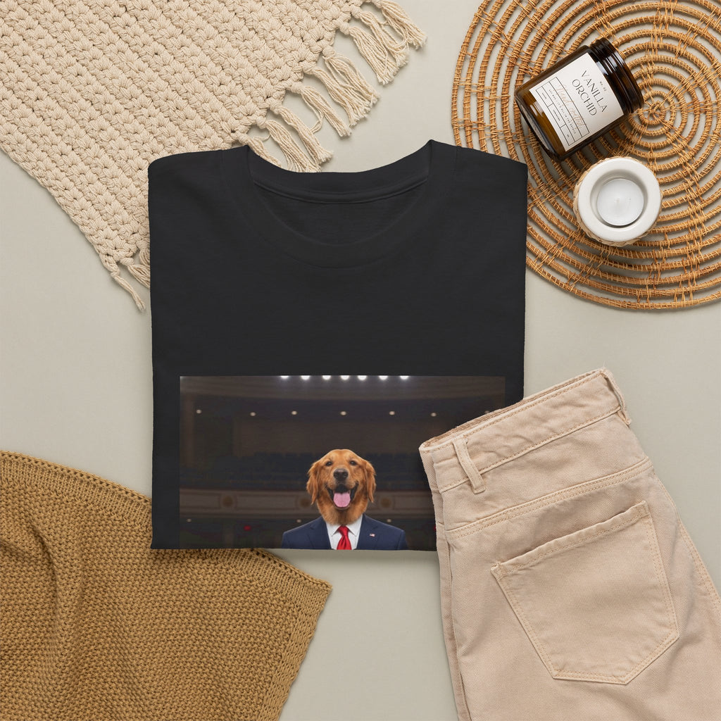President Dog T-Shirt — Funny Golden Retriever at Podium Political Humor Tee