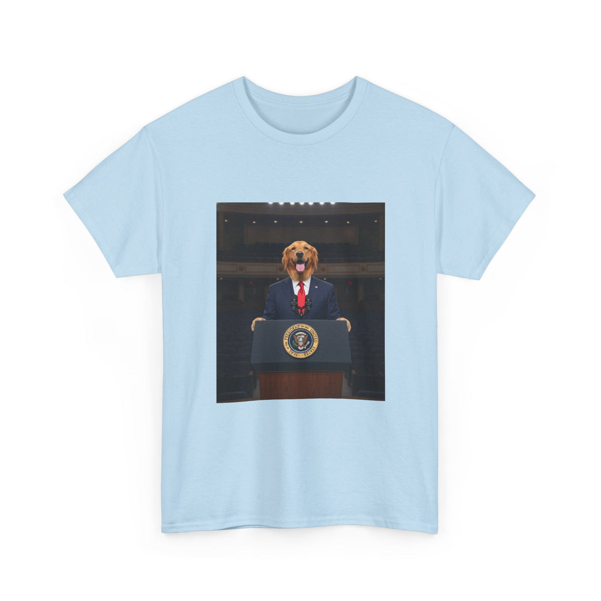 President Dog T-Shirt — Funny Golden Retriever at Podium Political Humor Tee