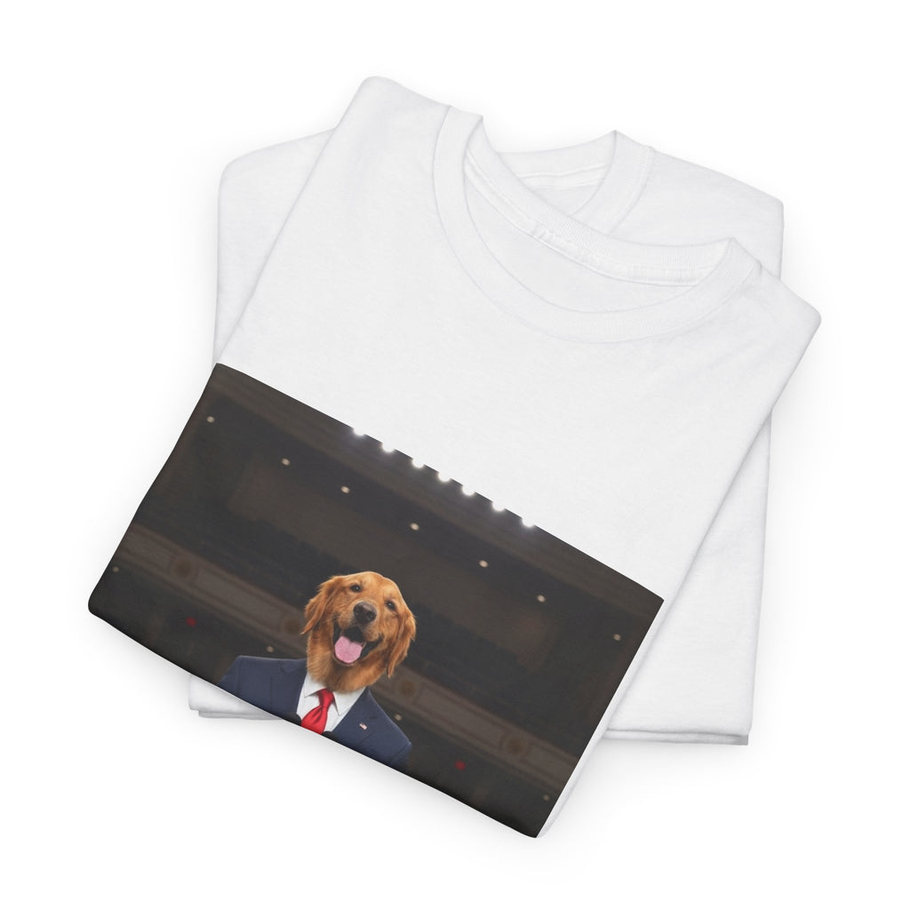 President Dog T-Shirt — Funny Golden Retriever at Podium Political Humor Tee