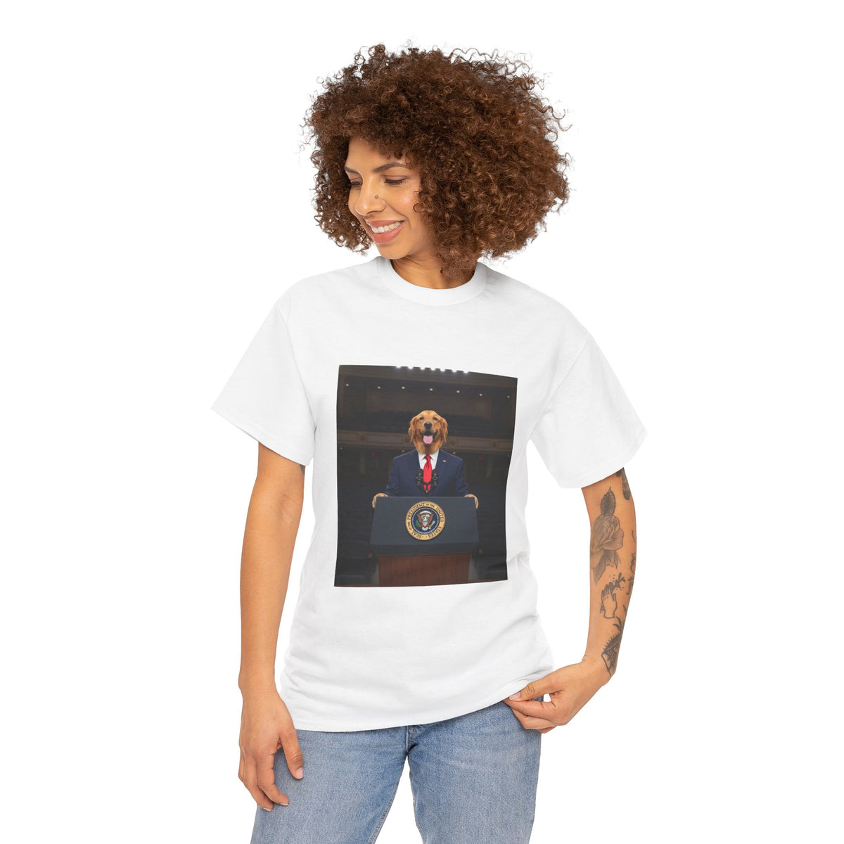 President Dog T-Shirt — Funny Golden Retriever at Podium Political Humor Tee