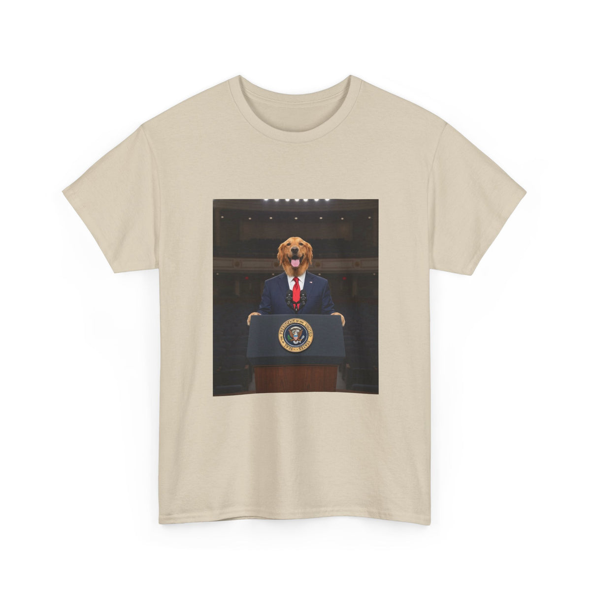 President Dog T-Shirt — Funny Golden Retriever at Podium Political Humor Tee