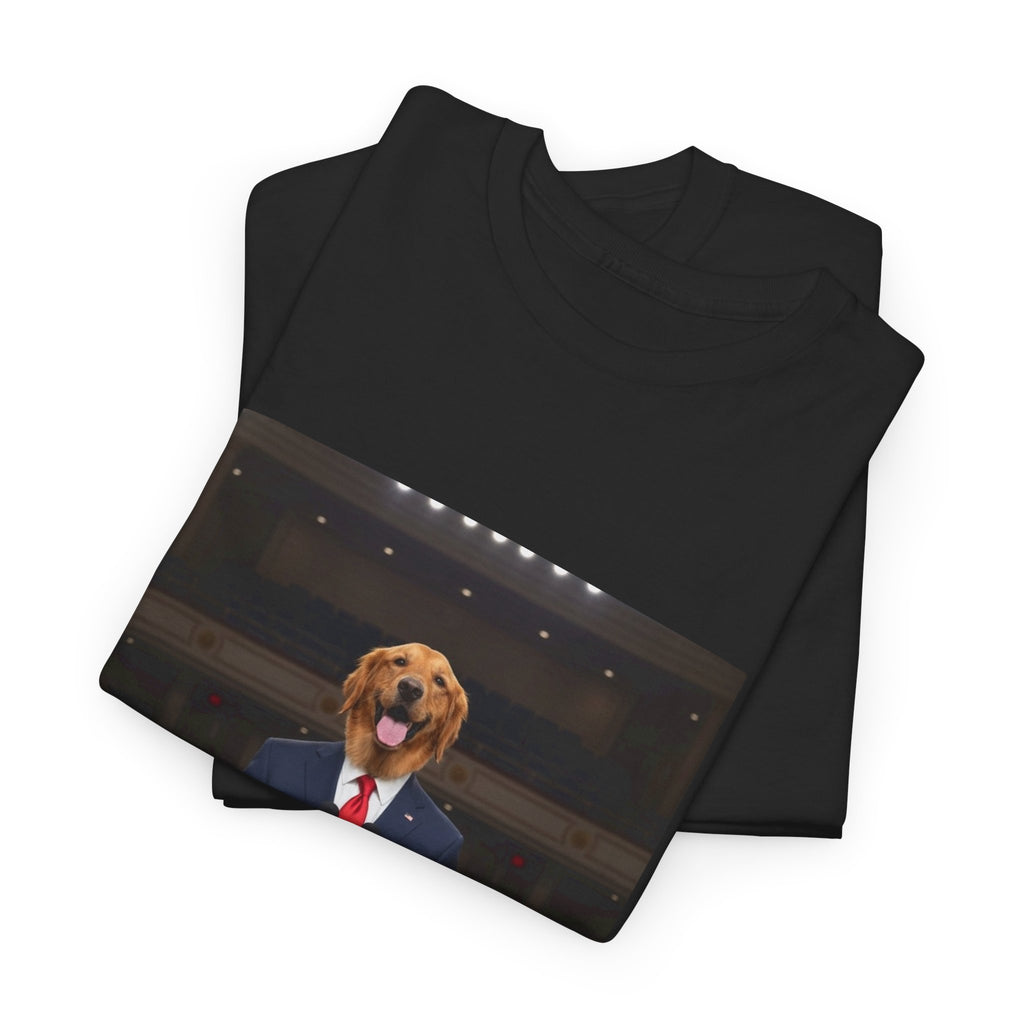 President Dog T-Shirt — Funny Golden Retriever at Podium Political Humor Tee