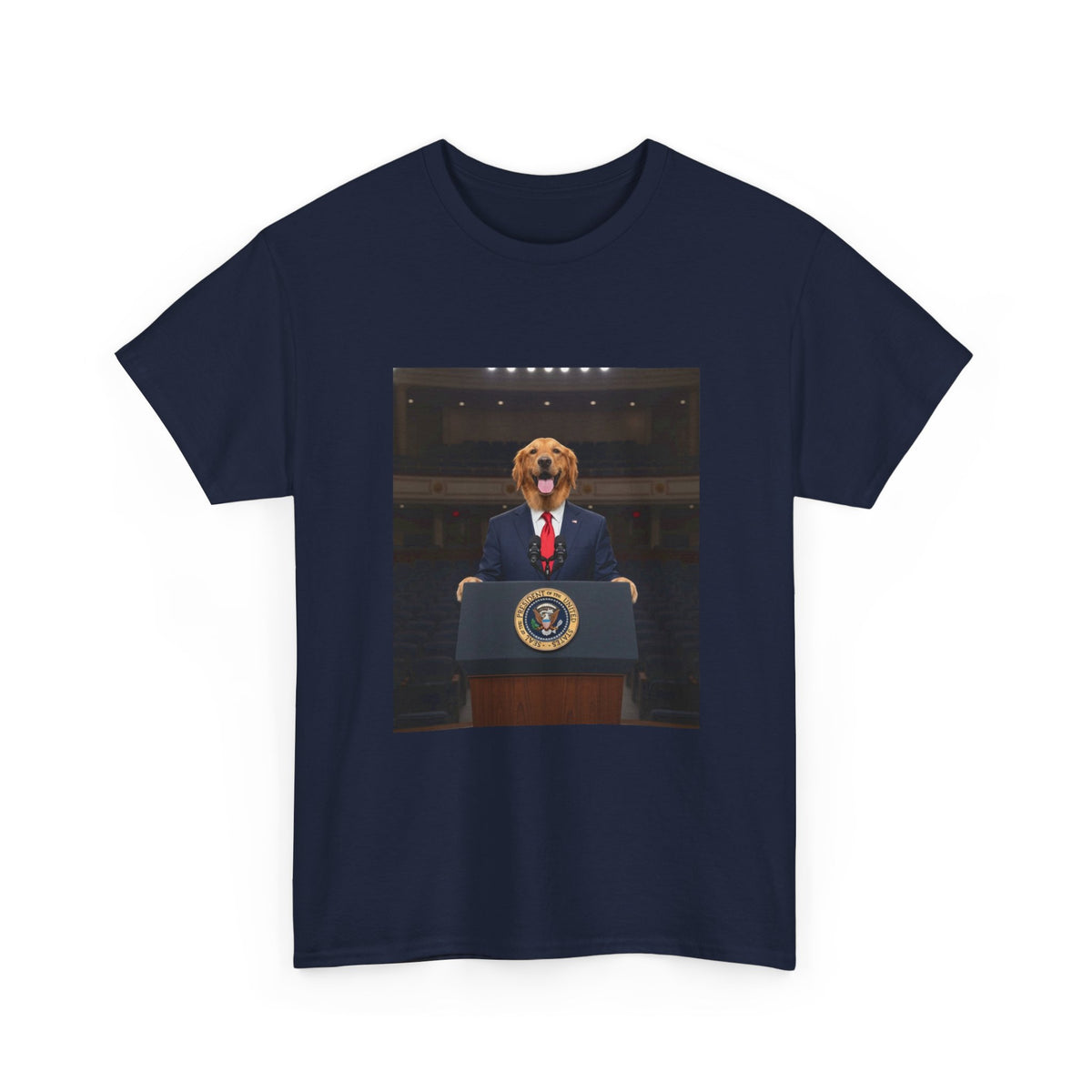 President Dog T-Shirt — Funny Golden Retriever at Podium Political Humor Tee