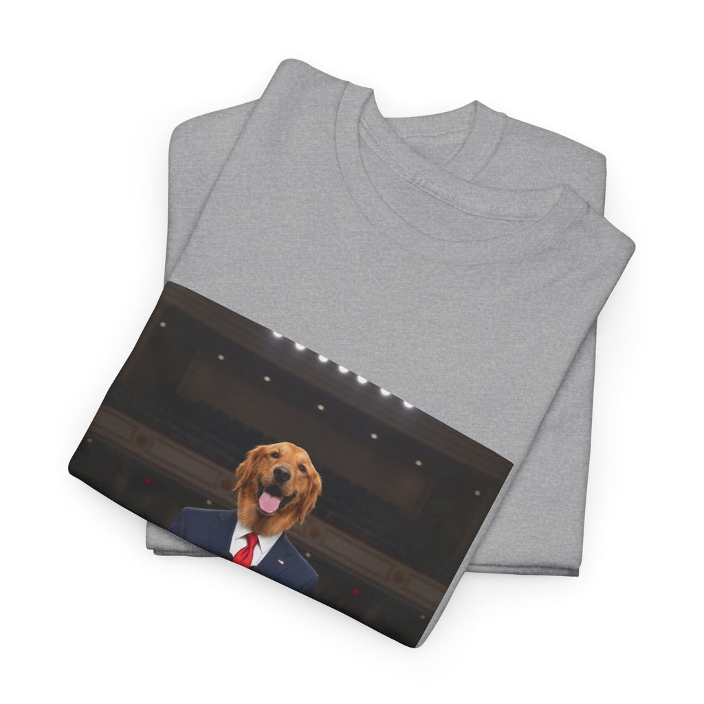 President Dog T-Shirt — Funny Golden Retriever at Podium Political Humor Tee