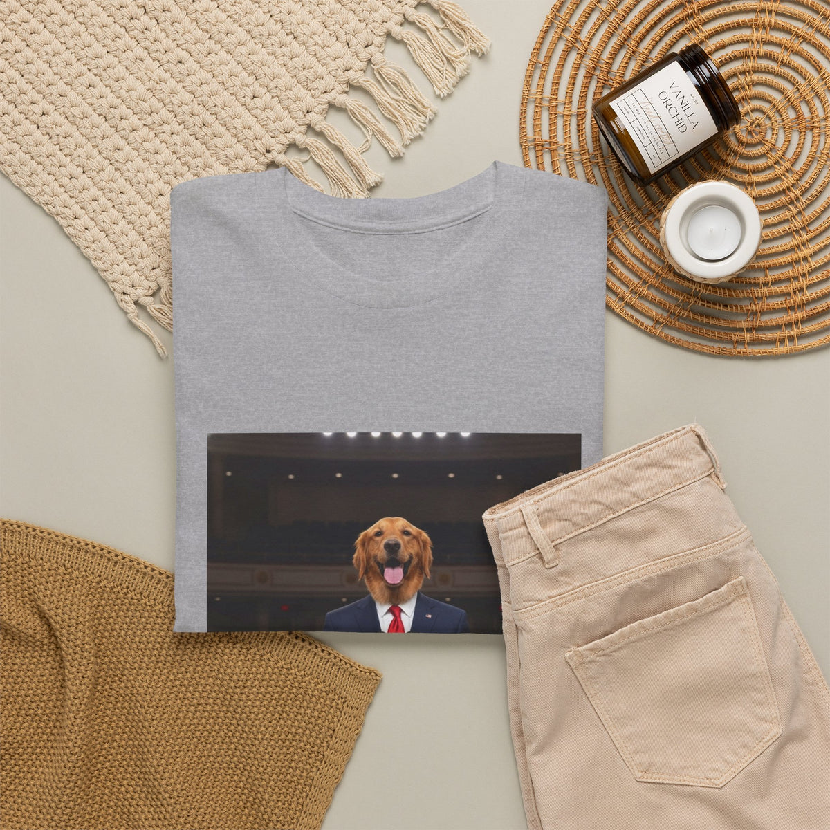 President Dog T-Shirt — Funny Golden Retriever at Podium Political Humor Tee
