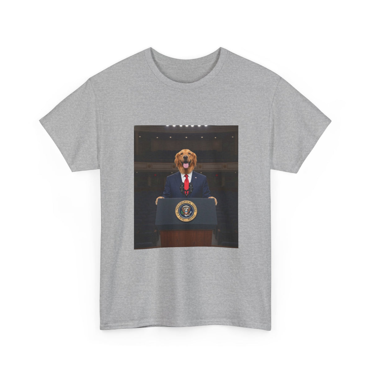 President Dog T-Shirt — Funny Golden Retriever at Podium Political Humor Tee