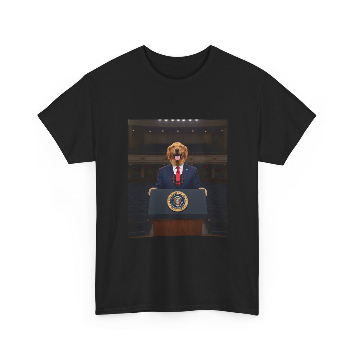President Dog T-Shirt — Funny Golden Retriever at Podium Political Humor Tee